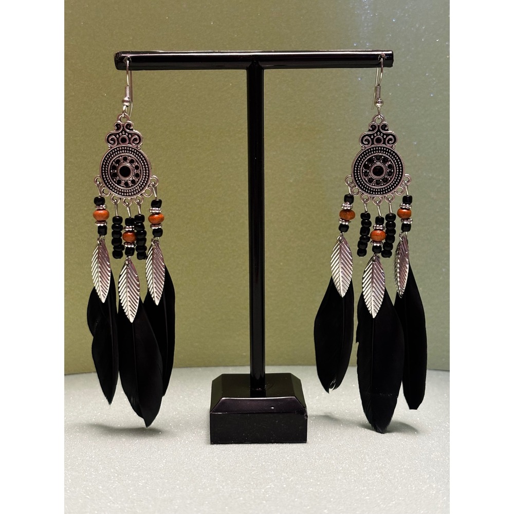 Boho Black Feather Drop Earrings Silver Tone Filigree Wood Bead Tribal Statement